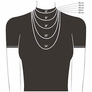 May include: Illustration of a torso with five white necklaces of varying lengths, labeled 14", 16", 18", 20", and 24". Measurements in centimeters are also shown: 35 cm, 40 cm, 45 cm, 50 cm, and 60 cm. The image is a guide for necklace lengths.