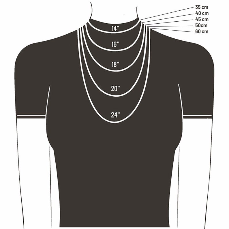 May include: Illustration of a torso with five white necklaces of varying lengths, labeled 14", 16", 18", 20", and 24". Measurements in centimeters are also shown: 35 cm, 40 cm, 45 cm, 50 cm, and 60 cm. The image is a guide for necklace lengths.