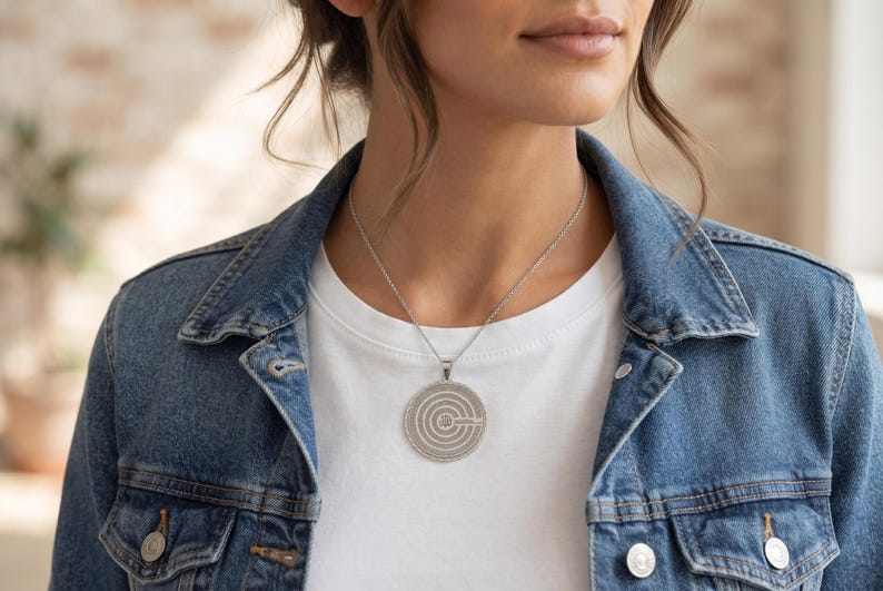 Pu&ograve; includere: Una collana con ciondolo circolare color argento caratterizzata da una serie di cerchi concentrici e un piccolo motivo a stella centrale. Il ciondolo pende da una sottile catenina argentata su una t-shirt bianca sotto una giacca di jeans.
