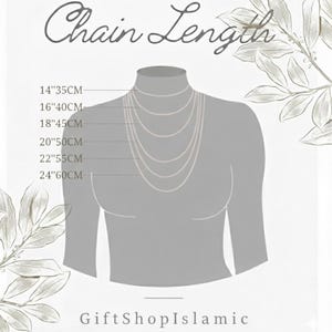 Peut inclure: Une silhouette grise de torse affichant six cha&icirc;nes de collier concentriques avec des &eacute;tiquettes de longueur allant de 35 cm &agrave; 60 cm. Le texte indique Chain Length et GiftShopIslamic, accompagn&eacute; d'illustrations de feuilles d&eacute;coratives.