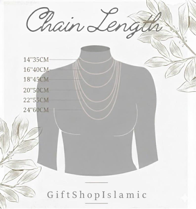 Peut inclure: Une silhouette grise de torse affichant six cha&icirc;nes de collier concentriques avec des &eacute;tiquettes de longueur allant de 35 cm &agrave; 60 cm. Le texte indique Chain Length et GiftShopIslamic, accompagn&eacute; d'illustrations de feuilles d&eacute;coratives.