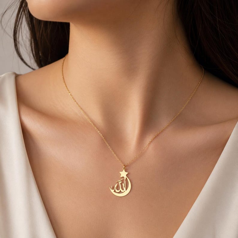 Product Details

• Material: Silver
• Finish: Silver or 24K Gold Plated
• Design: Crescent Moon, Star and Allah Arabic Calligraphy
• Handmade to order
• Necklace lengths: 14"–22"
• Length includes the chain and pendant
• Comes in a durable wooden gift box