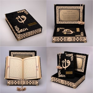 Gepersonaliseerde koran, gouden patroon fluwelen koran set met parel bidkralen, koran en doos voor ramadan eid, islamitische huwelijkscadeaus voor hem/haar