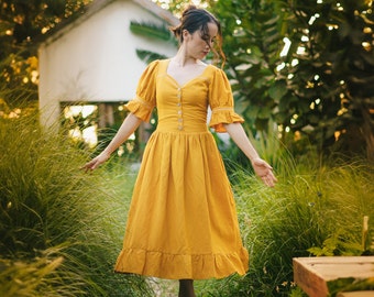Linen Midi Dress With Pockets, Summer Dress For Women, Mustard Yellow Dress, Vacation Linen Dress, Wedding Linen Dresses, Boho Linen Dress