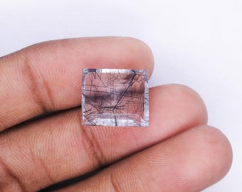 Natural Black Rutilated Quartz Gemstone, Faceted Gemstone,  Baguette 14x12x6mm Loose Stone for Jewelry Making & Healing Energy.
