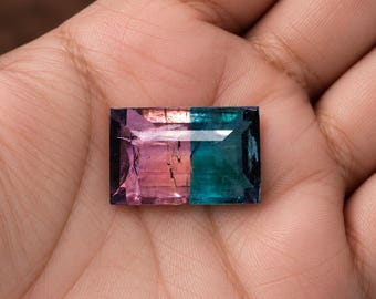 Natural Watermelon Tourmaline Loose Gemstone, Emerald Baguette Cut , Bi Color Pink Green Tourmaline