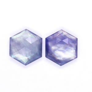 May include: Two hexagonal gemstones with a faceted design. The gems have a translucent appearance with shades of blue and purple. The gems are set against a white background, highlighting their color and shape. These gems could be used for jewelry.