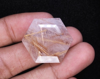 Hexagon Copper Rutilated Quartz Gemstone, Faceted Cabochon Rutile Quartz, Natural Loose Stone For Jewelry Making