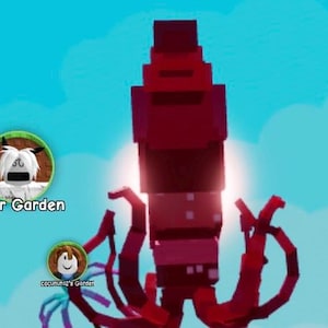 Könnte beinhalten: Digitales Kunstbild einer hohen, roten, geometrischen Struktur mit mehreren Ebenen und tentakelartigen Anhängseln. Die Struktur befindet sich vor einem hellblauen Himmel. Zwei kreisförmige Profilbilder befinden sich in der unteren linken Ecke mit dem Text "Your Garden" und "Cocunut02's Garden".