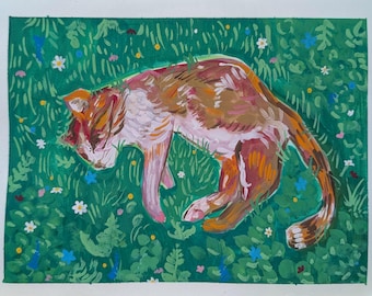 Cat Sleeping in Field Gouache Painting
