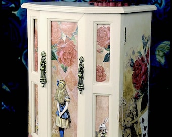 Alice in Wonderland Vintage Jewelry Box | Jewelry Organizer Box | Large Vintage Solid Wood Painted Jewelry Box | Womens Nightstand Organizer