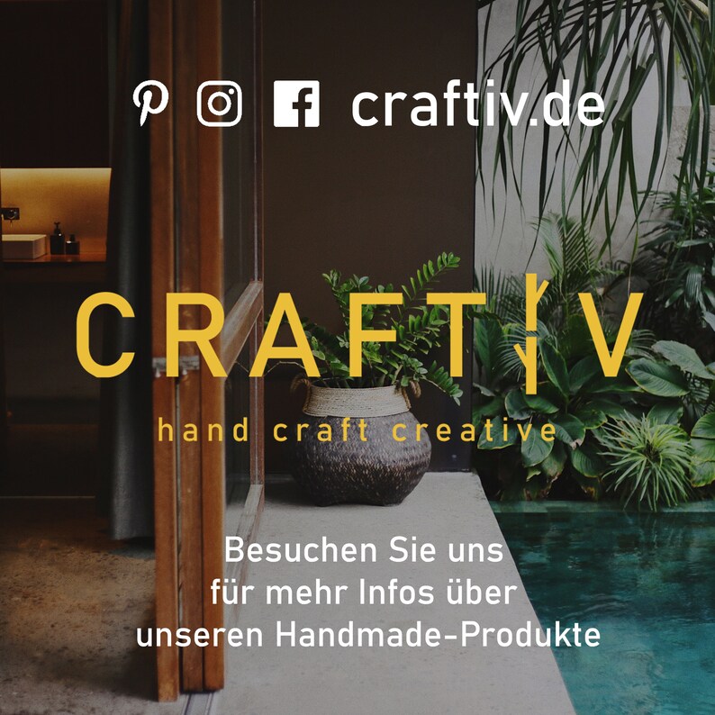 May include: Image featuring the Craftiv logo in yellow, with the text "hand craft creative" below. A decorative pot with greenery sits in front of a pool. The website craftiv.de is displayed at the top. The text "Besuchen Sie uns f&uuml;r mehr Infos &uuml;ber unseren Handmade-Produkte" is at the bottom.