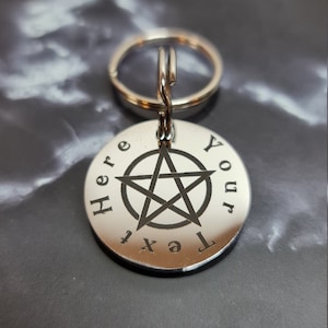 Silver Stainless Steel Round Tag - 25,30 or 35mm - Pentagram With Custom Text - Super High Quality - Laser Engraved - Custom Front & Back.