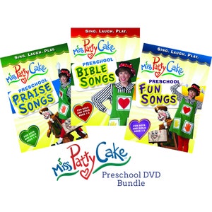 May include: Three DVD cases featuring Miss Patty Cake, a preschool teacher, singing songs. The titles are "Preschool Praise Songs", "Preschool Bible Songs", and "Preschool Fun Songs".