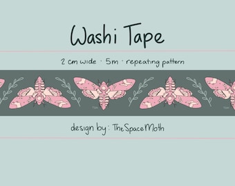 Pink and Green Deaths Head Moth Washi Tape, Stationary Tape