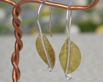 Brass Leaf Earrings on Sterling Silver Ear Wires