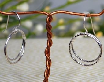 Double Circle Sterling Silver Dangle Earrings, Textured Open Circle, Round Drop Earrings