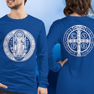 Long Sleeve Saint Benedict Shirt | St Benedict Medal T-shirt | Traditional Catholic Latin Tee | Gift for Him Her | Faith Filled Fiat Apparel
