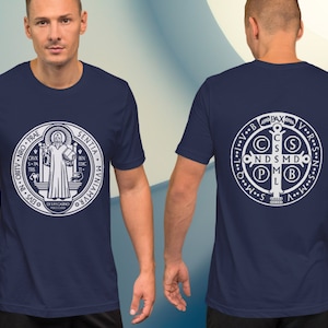 Men&#39;s Saint Benedict T-shirt | Traditional Catholic Men Shirt | Benedict | Benedictine Medal | Latin | Catholic