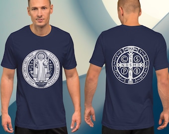 Men&#39;s Saint Benedict T-shirt | Traditional Catholic Men Shirt | Benedict | Benedictine Medal | Latin | Catholic