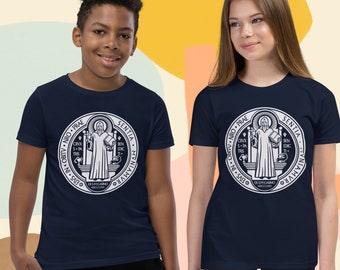 Youth Saint Benedict Shirt | Catholic Kids Shirt | Traditional Catholic | Latin | Benedictine Medal