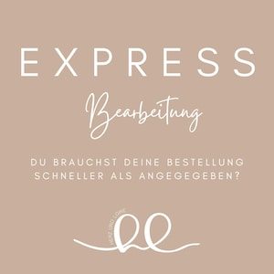 Könnte beinhalten: Beigefarbener Hintergrund mit weißem Text, der "EXPRESS Bearbeitung" und "DU BRAUCHST DEINE BESTELLUNG SCHNELLER ALS ANGEGEGEBEN?" lautet. Ein weißes kursives Logo lautet "HERZ UND  LOVE" mit einem stilisierten Doppel-„ee“ am Ende.
