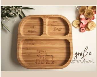 Assiette en bambou personnalisée - assiette bébé antidérapante & unique avec prénom, idéale comme cadeau de baptême, de naissance ou d'anniversaire !