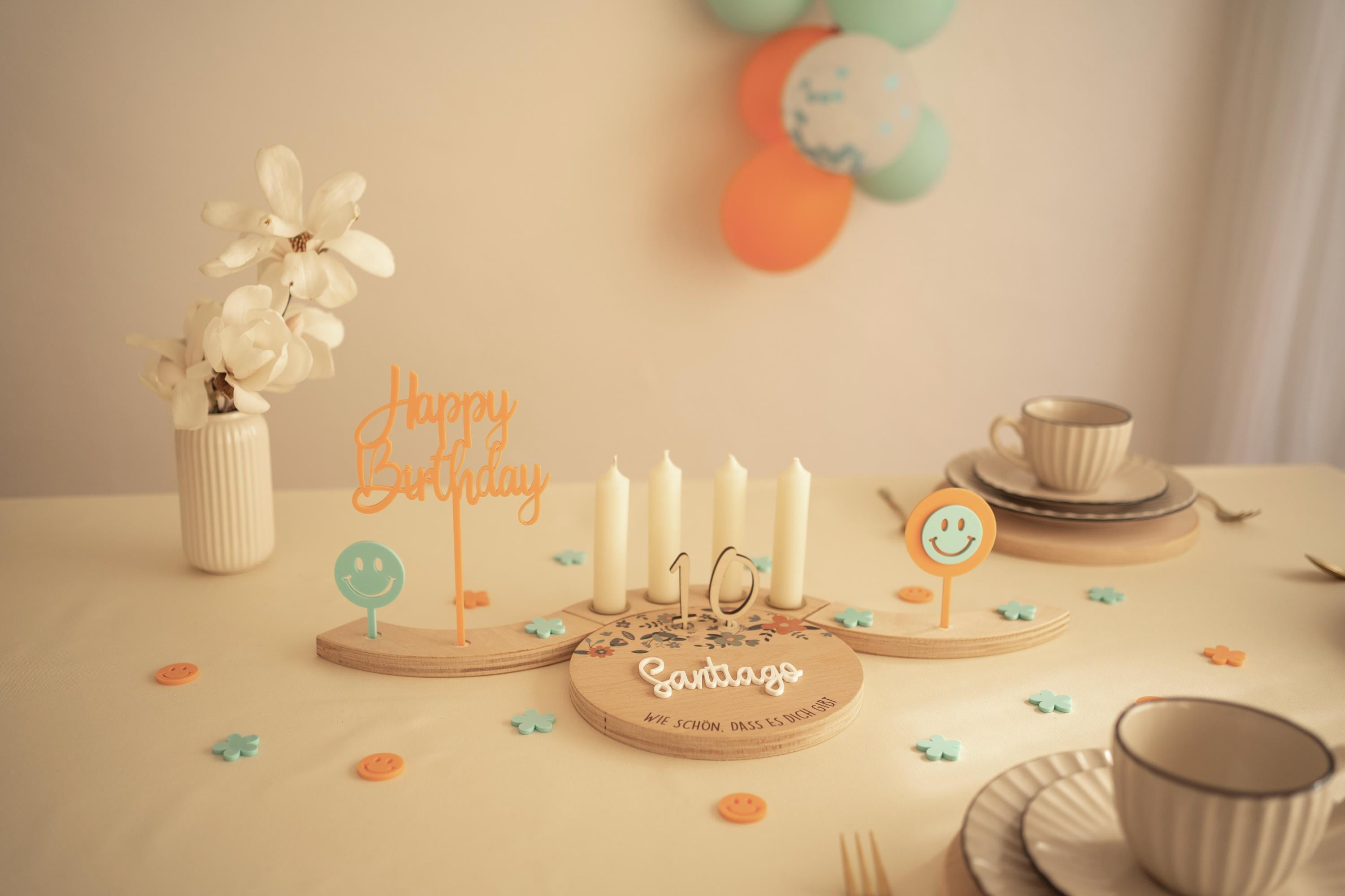 Birthday plate personalized with name - Birthday plate with colorful print, table decoration birthday, birthday wreath made of wood - Birthday