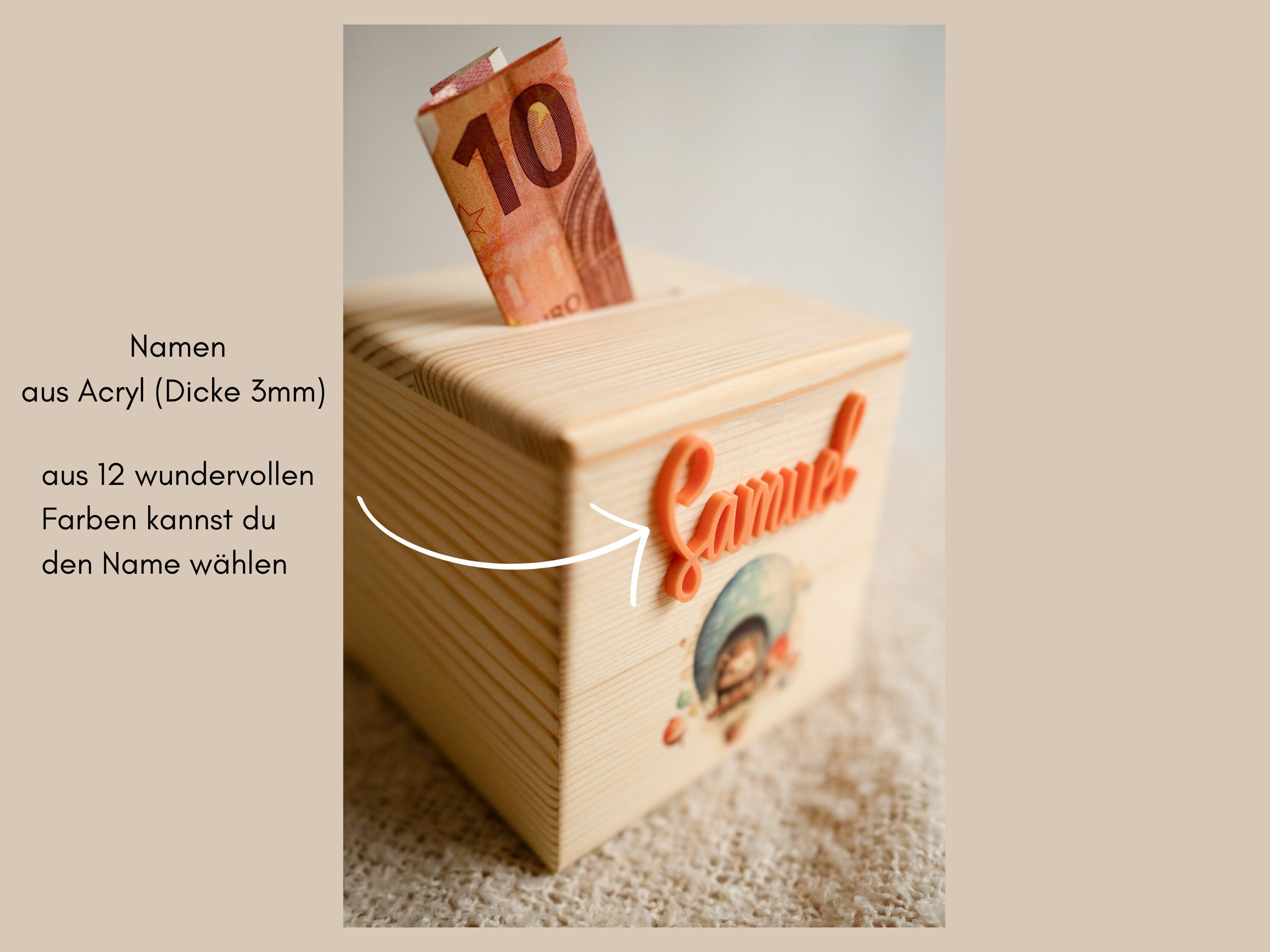 Personalized wooden money box for children: securely lockable and decorative. Ideal gift for birthdays, christenings or Easter.