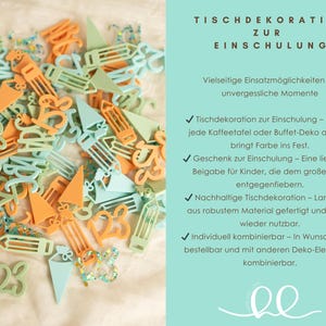 May include: A set of colorful, laser-cut acrylic shapes for school-themed crafts and decorations. The shapes include numbers, pencils, and other school-related designs in shades of blue, green, and orange. The text on the image reads "Tischdekoration zur Einschulung" which translates to "Table Decoration for School Enrollment".