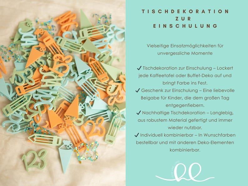 May include: A set of colorful, laser-cut acrylic shapes for school-themed crafts and decorations. The shapes include numbers, pencils, and other school-related designs in shades of blue, green, and orange. The text on the image reads "Tischdekoration zur Einschulung" which translates to "Table Decoration for School Enrollment".