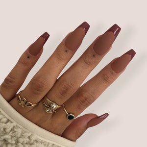 Fall Press On Nails Brown Nails French Tip Nails Reusable Stick On Nails Nude Nails Almond Medium Nails Hand Painted Nails Yellow Matte image 1