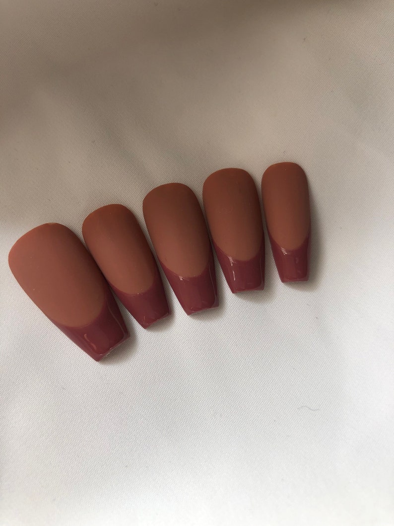 Fall Press On Nails Brown Nails French Tip Nails Reusable Stick On Nails Nude Nails Almond Medium Nails Hand Painted Nails Yellow Matte image 2