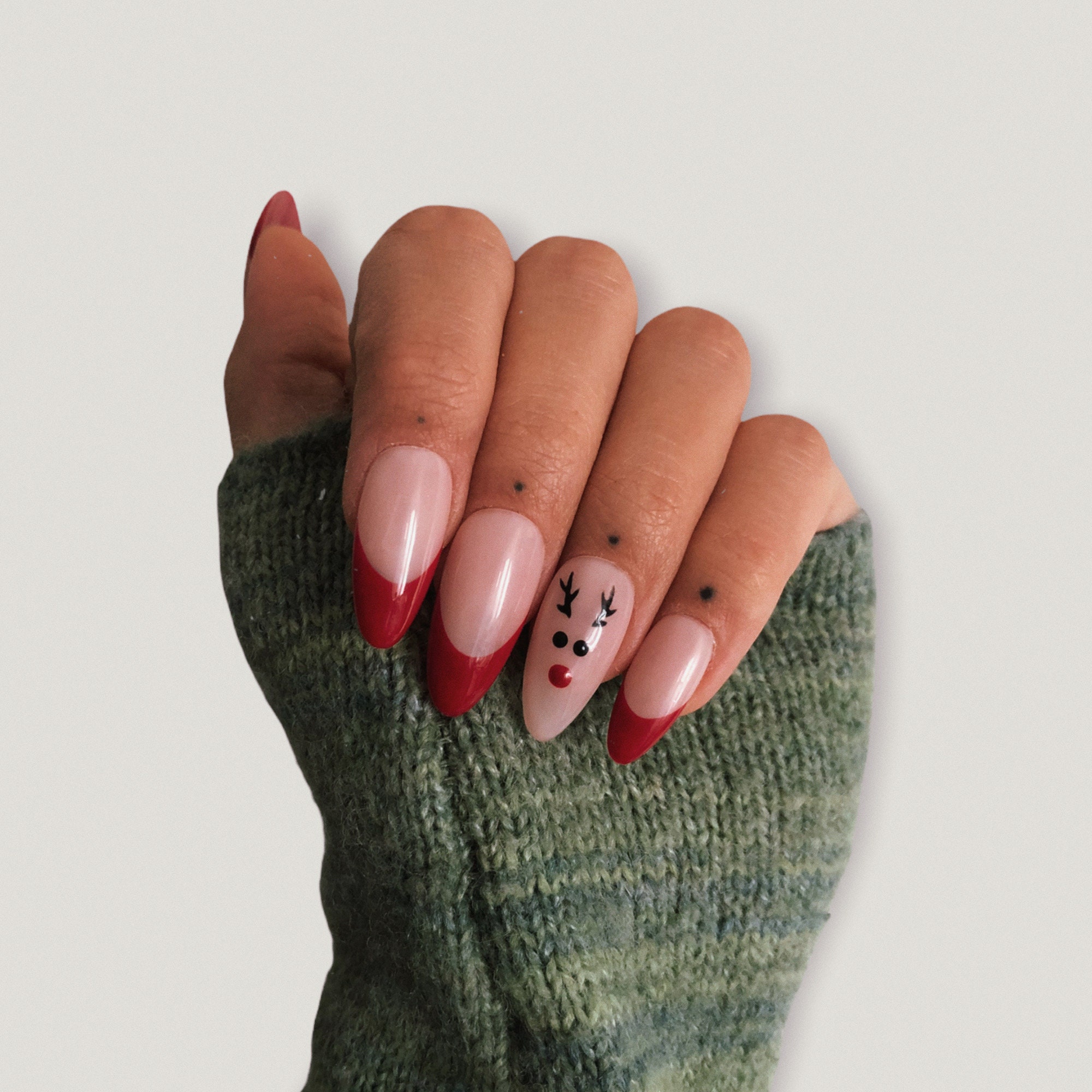 Christmas Nails Reindeer Press on Nails Red French Tip - Etsy