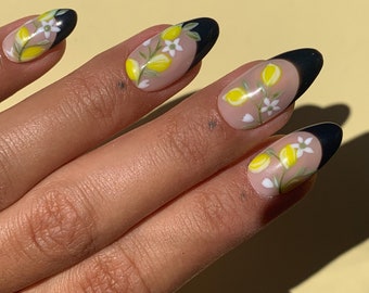 Press On Nails | Lemon Mosaic Nayls | Press On Nails Black French | Press On Nails Designs | Press On Nails Hand Painted | Reusable Nails