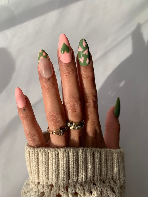 Press on Nails Pink and Green Nails Romantic Nail Design Sweetheart Nails  Loved Themed Nail Art Pastel Heart Nails Heart Tip Acrylic Nails 