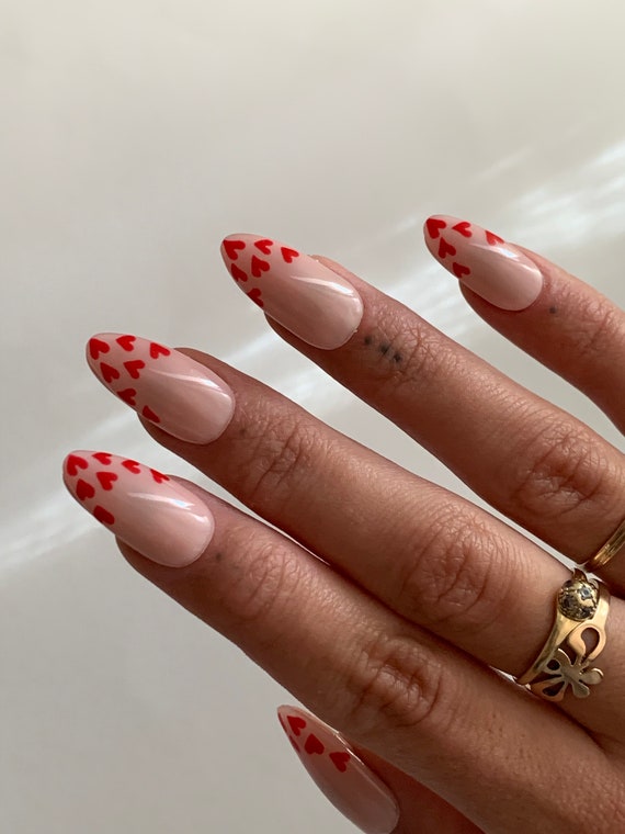 Press on Nails With Red Heart Heart Design Nails Hand Painted