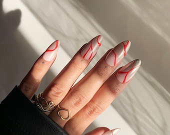 Press On Nails Chrome Silver Nails Remolinos rojos Press Ons Silver Chrome Falsas uñas Chrome Nail Art Red Nails Swirls Press On Nails Trendy