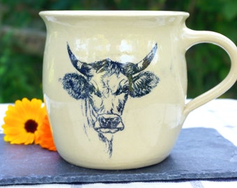 Ceramic cup XXL hand-made with animal motif "cow", coffee pot