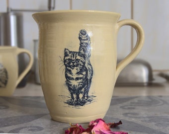 Ceramic cup hand-made with animal motif "cat"