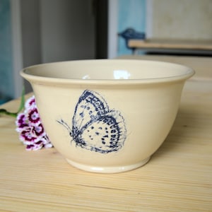 May include: A cream-coloured ceramic bowl with a blue butterfly design. The bowl is sitting on a wooden surface.