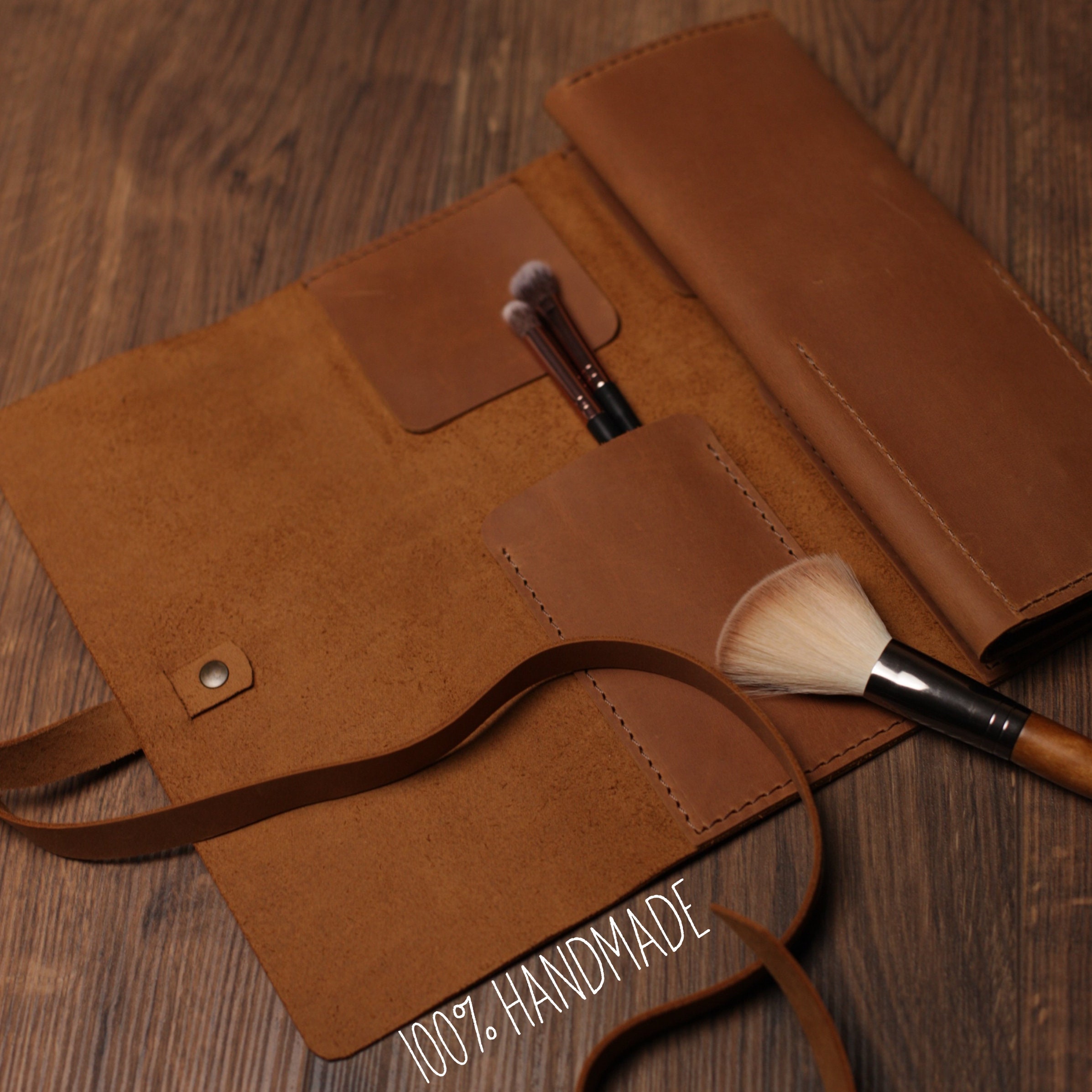 Genuine Leather Brush Holder, Brown