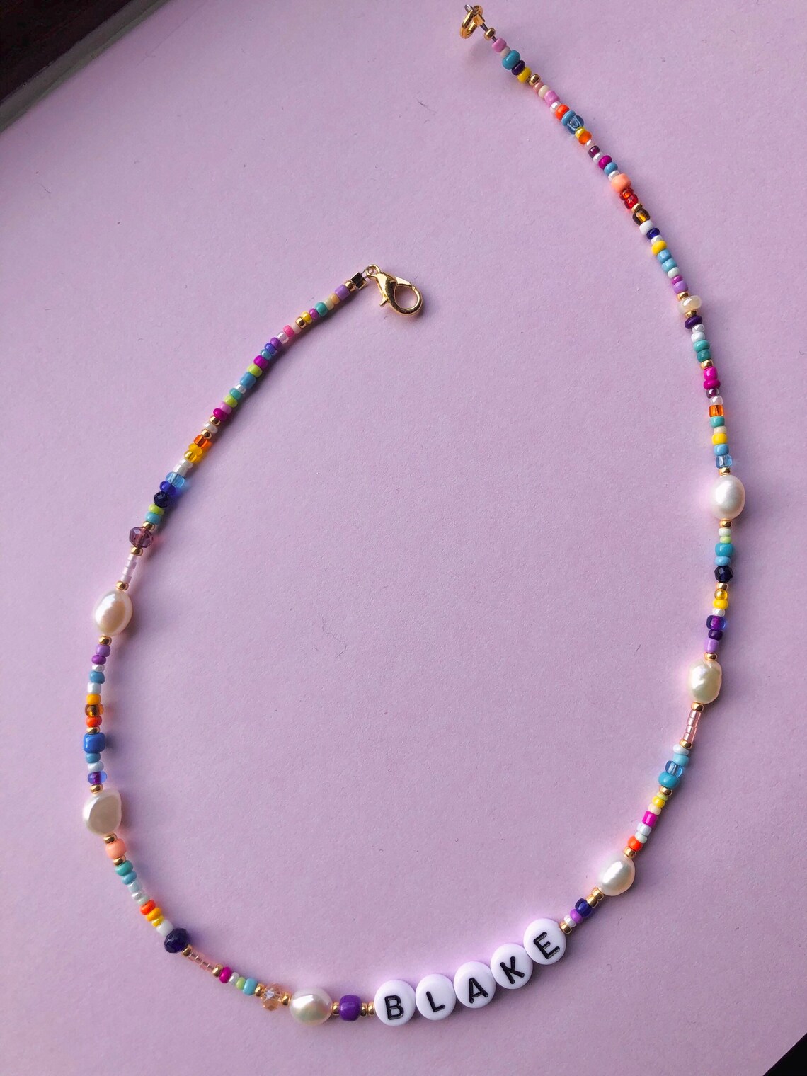 Beaded Pearl Name Necklace Multi Coloured Seed bead necklace | Etsy