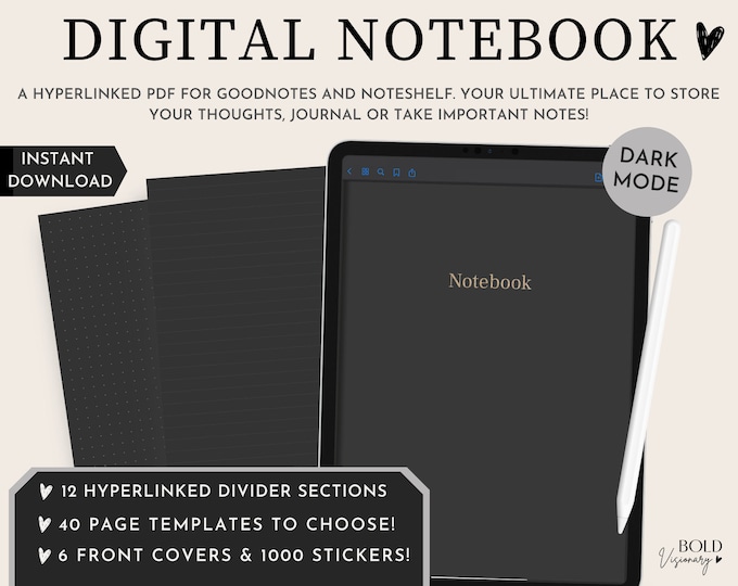 Digital Student Dark Mode Notebook Hyperlinked Notebook for Goodnotes ...