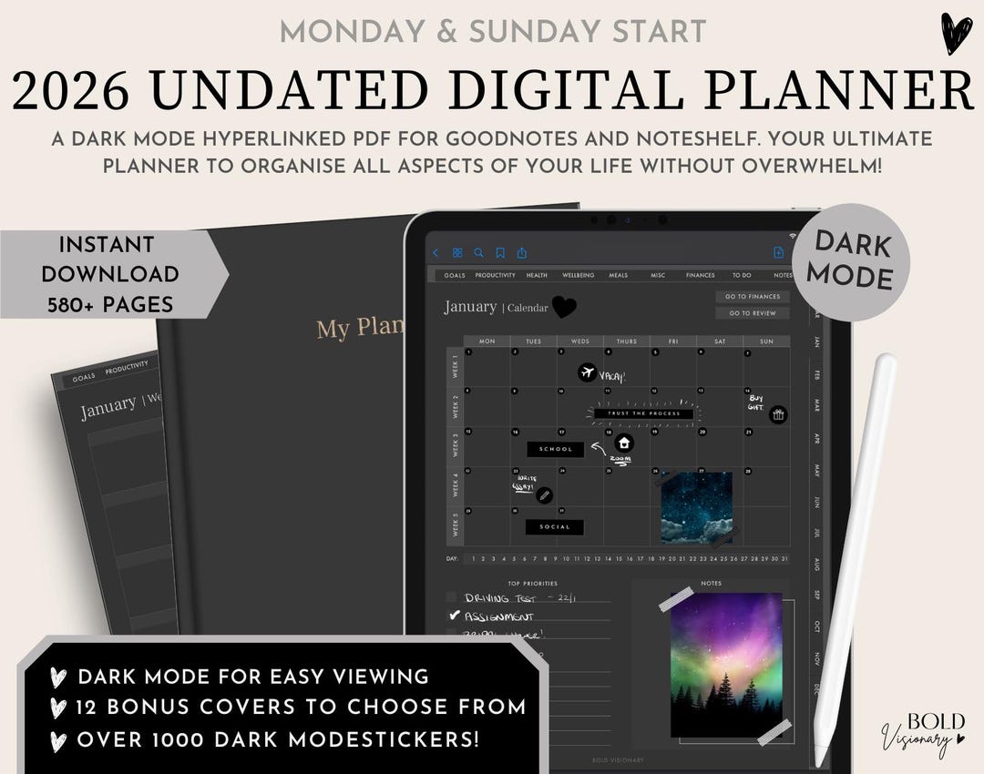 2026 Undated Digital Planner in Dark Mode | 2025 Digital Planner ...
