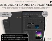 2026 Undated Digital Planner in Dark Mode | 2025 Digital Planner | Interactive Hyperlinked PDF Organiser for Goodnotes, Noteshelf Dark Mode