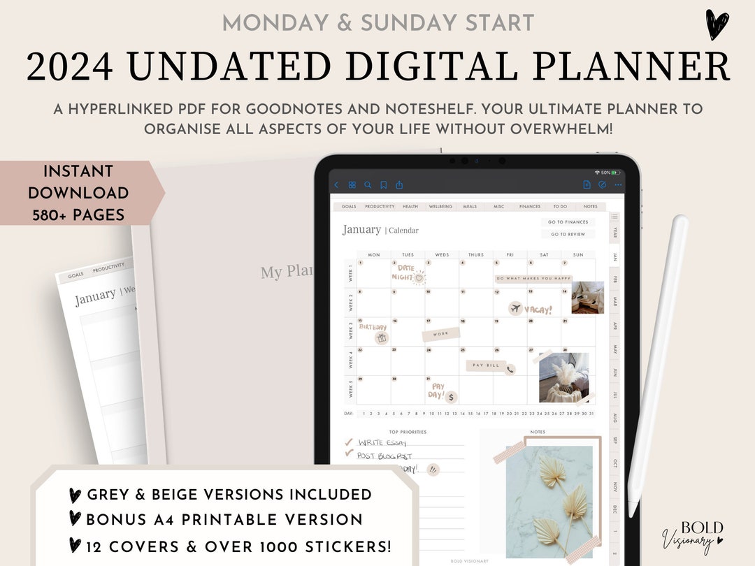 2024 Undated Digital Planner Digital Life Planner Interactive PDF ...