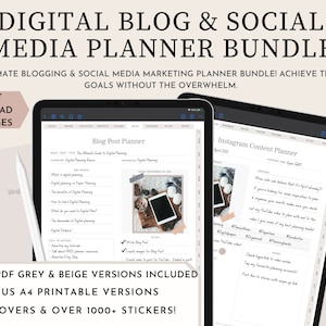 Digital Blog & Social Media Planner Bundle | Blog Post Planner, Social Media Content Planner | Digital Printable PDF for Goodnotes Noteshelf