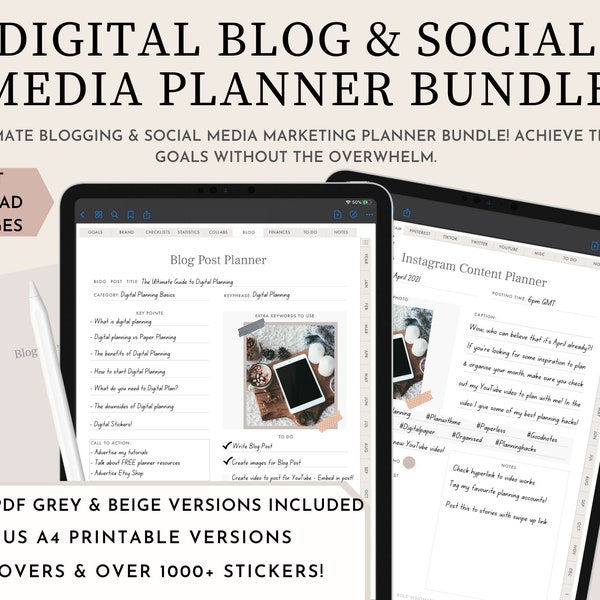 Digital Blog & Social Media Planner Bundle | Blog Post Planner, Social Media Content Planner | Digital Printable PDF for Goodnotes Noteshelf