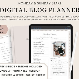 Op de afbeelding: Een digitale blogplanner met een tablet waarop een pagina met de titel "Blog Post Planner" wordt weergegeven. De planner bevat meer dan 580 pagina's, grijze en beige versies, een bonus A4-printbare versie, 12 omslagen en meer dan 1000 stickers.